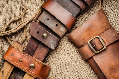 Antique leather belts and pouches on burlap