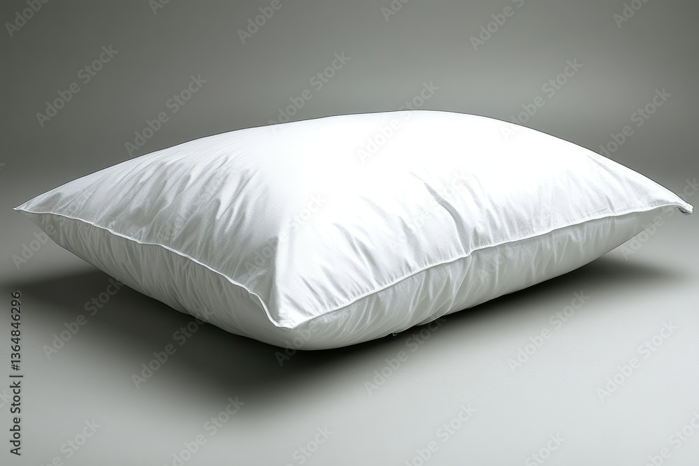 A fluffy white rectangular pillow lies against a neutral backdrop A fluffy white rectangular pillow lies against a neutral backdrop