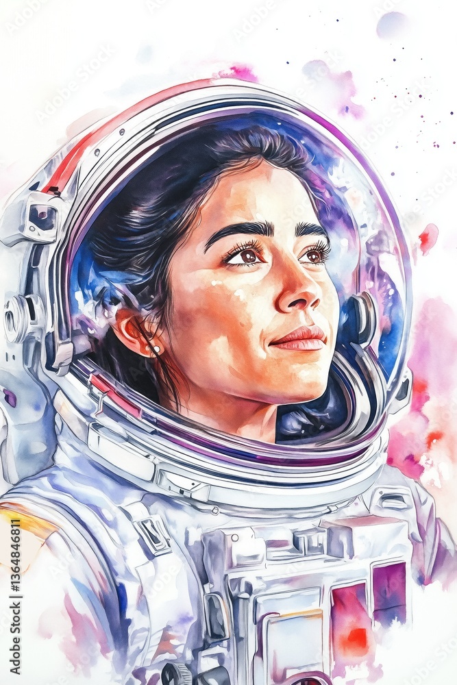 Hand-painted watercolor of a young astronaut girl with a bright smile, gazing at the sky, celestial wonder