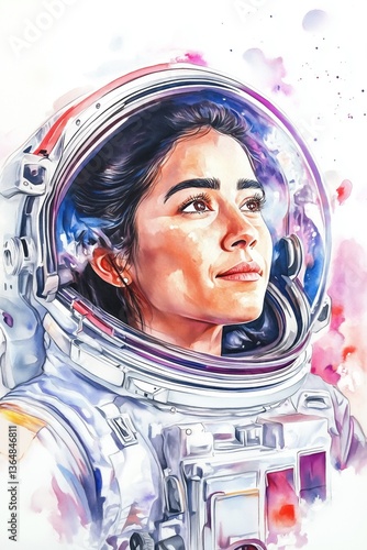 Hand-painted watercolor of a young astronaut girl with a bright smile, gazing at the sky, celestial wonder