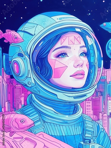 Obraz na płótnie Risograph illustration of a neon blue and pink astronaut girl, surreal style, comic art w salonie