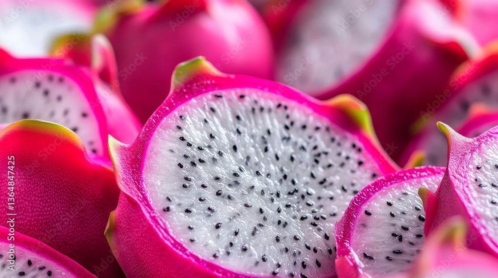 A pile of dragon fruit slices, cut in half and arranged neatly on top of each other. A pile of dragon fruit slices, cut in half and arranged neatly on top of each other.