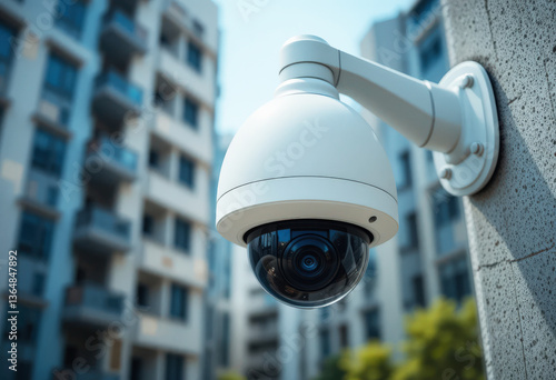 Modern Security Dome Camera Apartment Building Surveillance Daytime Exterior View Crisp Detail