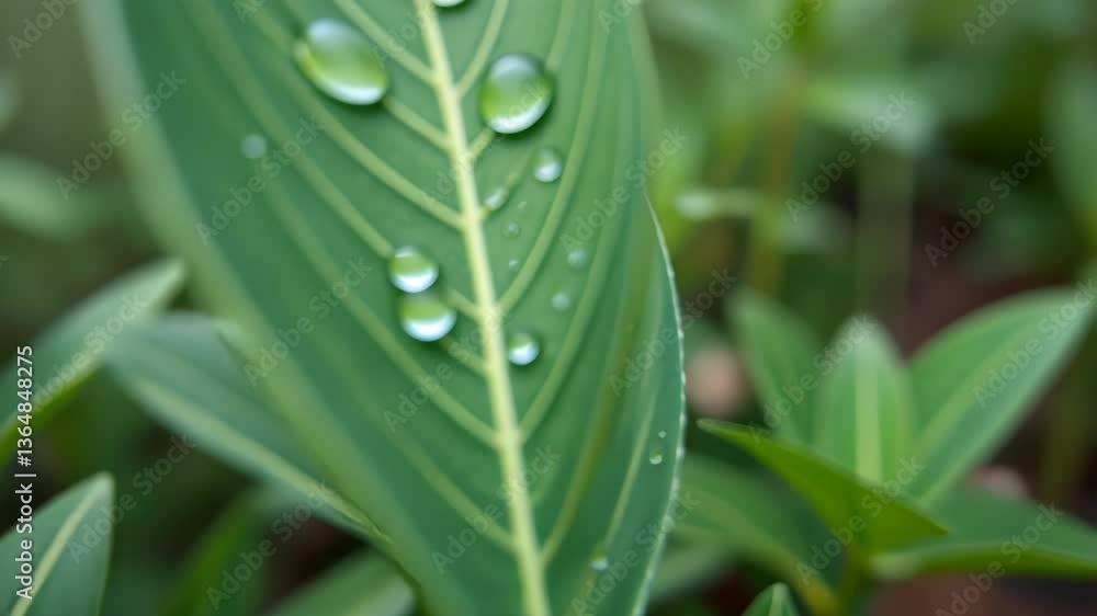 Close-up of green leaf with water droplets against blurred background Close-up of green leaf with water droplets against blurred background