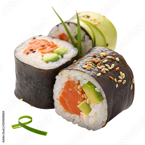 Fresh Salmon and Avocado Sushi Rolls on Transparent Background