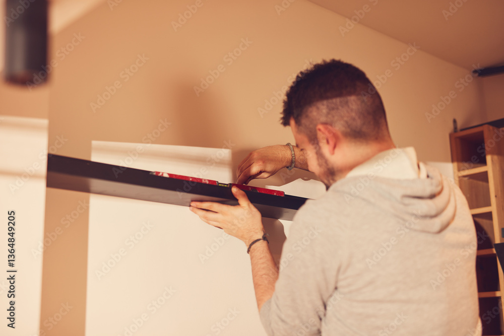 Handyman mounting and fixing kitchen cabinets and shelf.