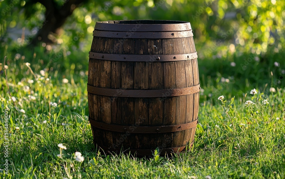 Wooden barrel on grass surrounded by greenery in a sunny garden setting Wooden barrel on grass surrounded by greenery in a sunny garden setting