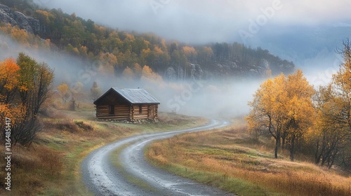 Secluded Log Cabin in Misty Autumn Landscape with Winding Road