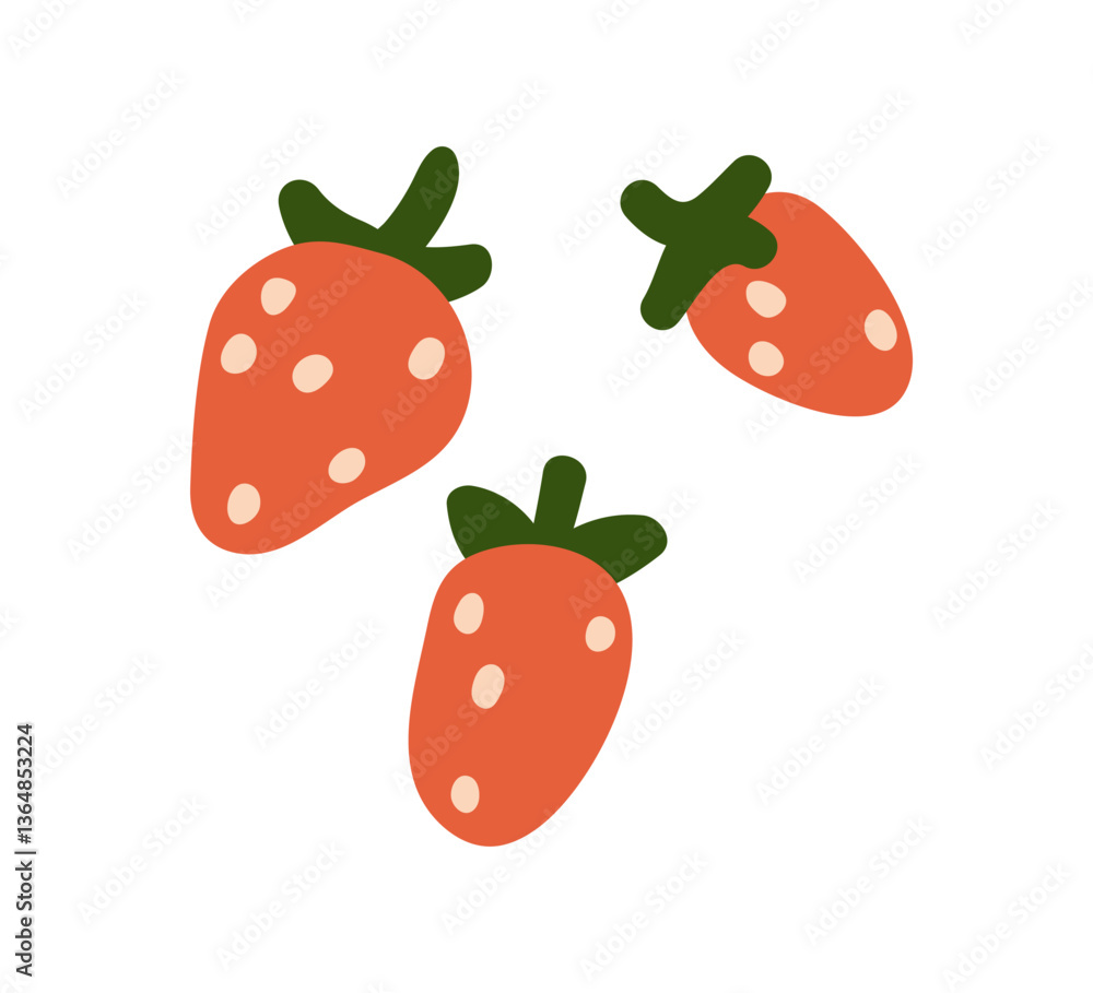 Fototapeta premium Strawberries, sweet red berries with green leaf. Garden fruits, healthy natural summer vitamin snack, organic food. Flat graphic vector illustration isolated on white background