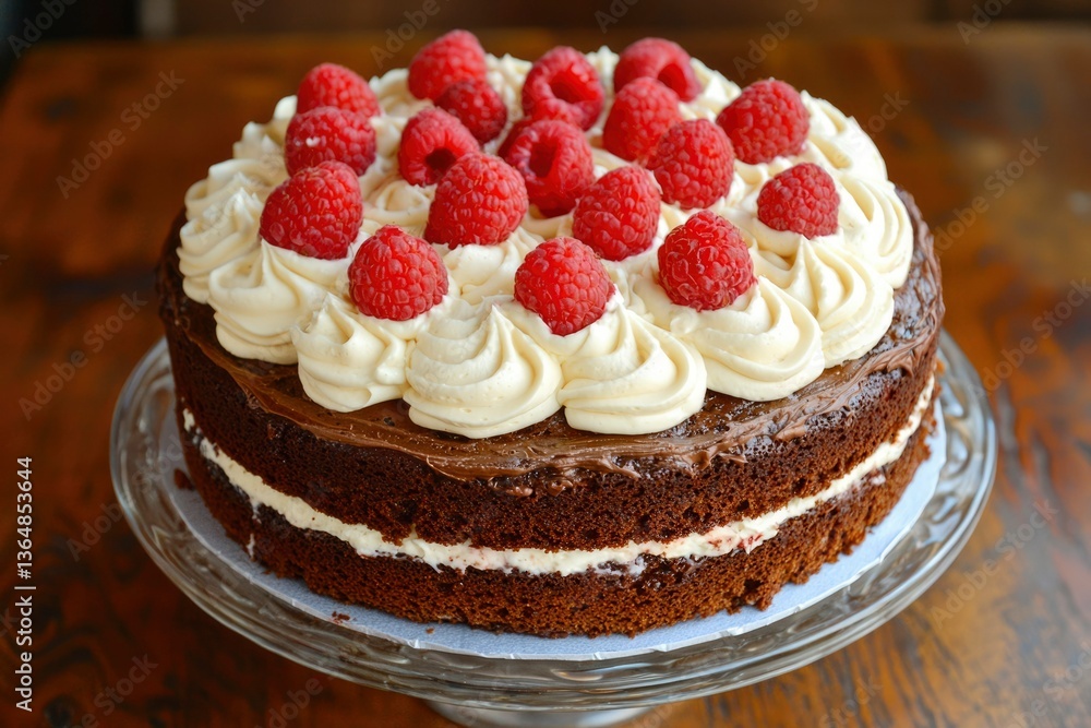 Delicious layered cake topped with creamy icing and fresh, vibrant raspberries on a stand Delicious layered cake topped with creamy icing and fresh, vibrant raspberries on a stand