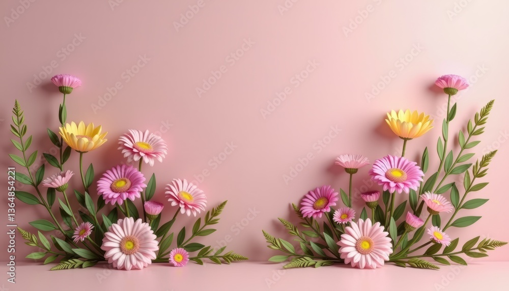 Fototapeta premium Colorful flower arrangement on a pastel pink background 