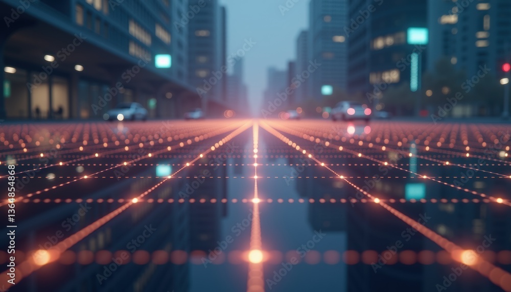 Obraz premium Futuristic cityscape grid illuminated at dusk 