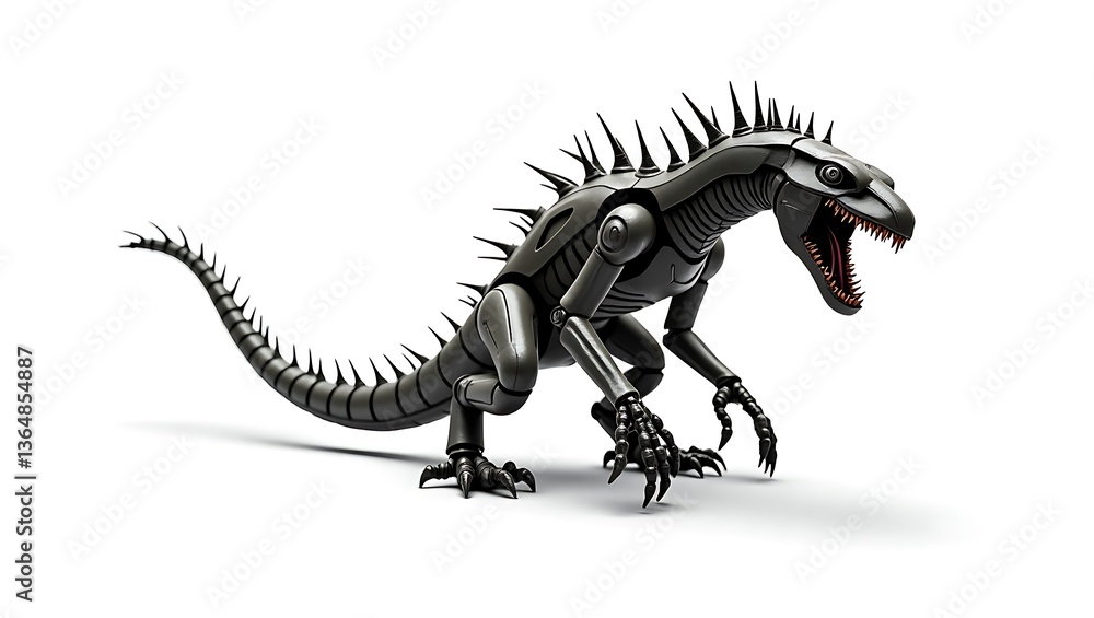 Mechanical Dinosaur Roaring with Sharp Spikes and Metallic Body Standing Mechanical Dinosaur Roaring with Sharp Spikes and Metallic Body Standing