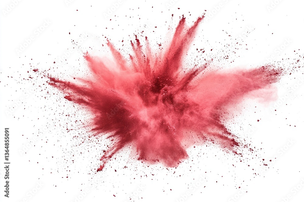 Vibrant crimson powder explosion against a stark white backdrop. A burst of crimson color particles suspended in mid-air, radiating outward in a dynamic, explosive pattern Vibrant crimson powder explosion against a stark white backdrop. A burst of crimson color particles suspended in mid-air, radiating outward in a dynamic, explosive pattern