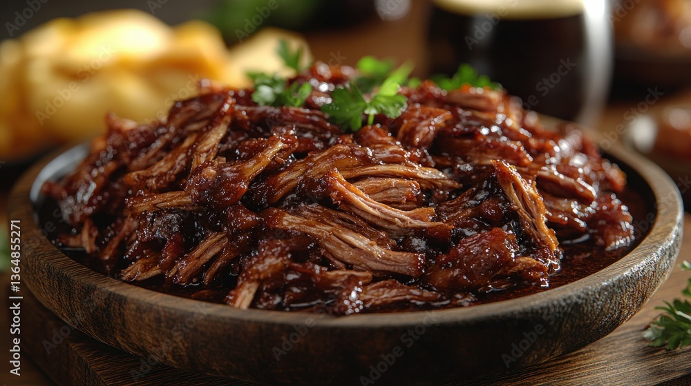 A substantial portion of delicate, slow-cooked pulled pork, expertly shredded and dripping with a deep, black beer glaze, is presented on a rustic wooden dish. A broad slice is topped with the tender A substantial portion of delicate, slow-cooked pulled pork, expertly shredded and dripping with a deep, black beer glaze, is presented on a rustic wooden dish. A broad slice is topped with the tender