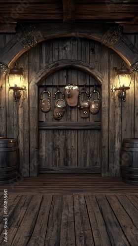 Dark wooden tavern entrance with leather goods