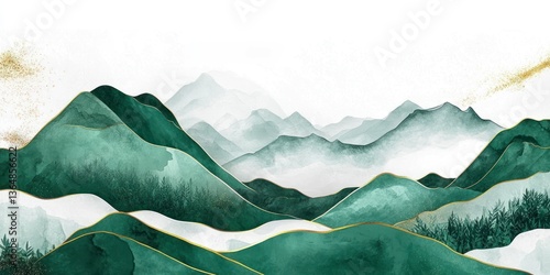 Wallpaper Mural Watercolor Mountain Range Landscape with Gold Accents and Muted Tones Torontodigital.ca