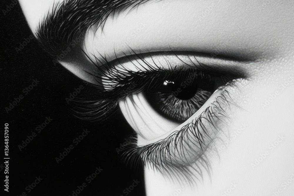Fototapeta premium Close-up of an eye with detailed eyelashes and eyebrow against a dark background