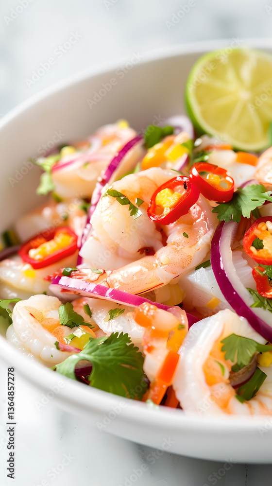 Vibrant and refreshing plate of Peruvian ceviche with shrimp, lime, and cilantro served in a bowl Generative AI Vibrant and refreshing plate of Peruvian ceviche with shrimp, lime, and cilantro served in a bowl Generative AI