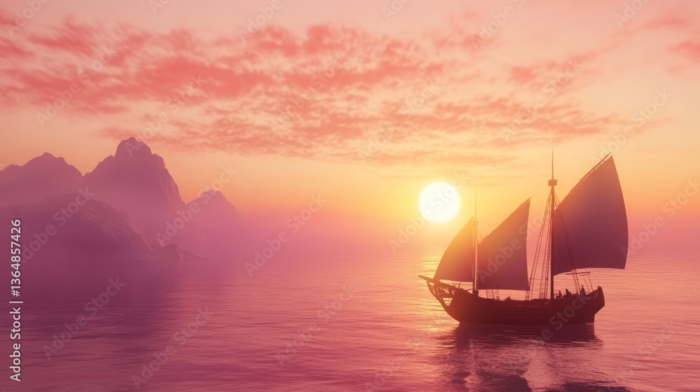 Naklejka premium Sunset Sail: A Serene Voyage Across Pink Waters