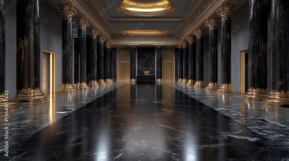 Obraz premium Grand colonnaded hall with dark marble and gold accents