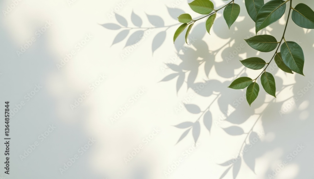 Green leaves casting soft shadows on a light background Green leaves casting soft shadows on a light background