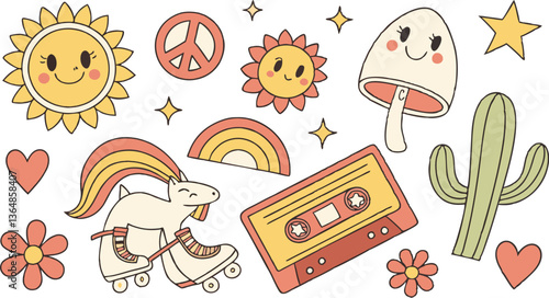 Vintage groovy set elements in flat graphic design. Vector illustration. Collection of funny cat, heart, sun, sunglasses, daisy, cactus, roller skates, music cassette, guitar, peace, unicorn, other. 