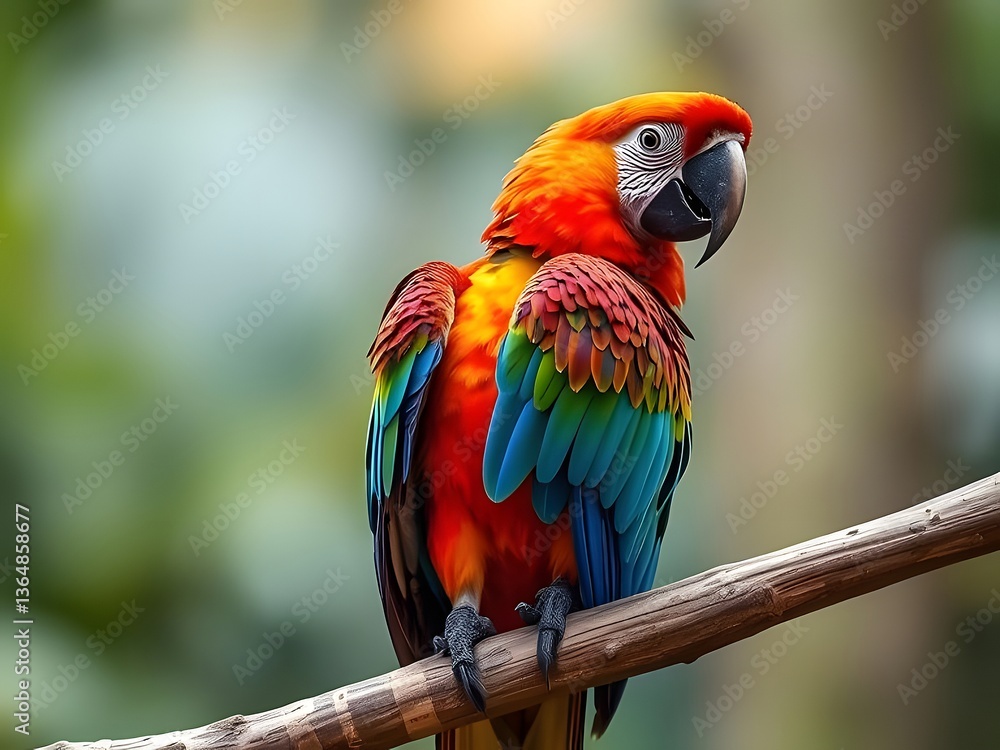 Obraz premium Colorful Macaw Parrot Perched on Branch, Vibrant Feathers, Exotic Bird, Tropical Wildlife.