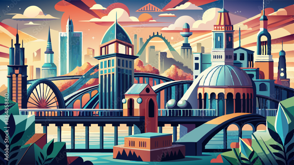A Symphony of Steel and Stone: A Modern Cityscape with a Bridge and Church AI Generated A Symphony of Steel and Stone: A Modern Cityscape with a Bridge and Church AI Generated