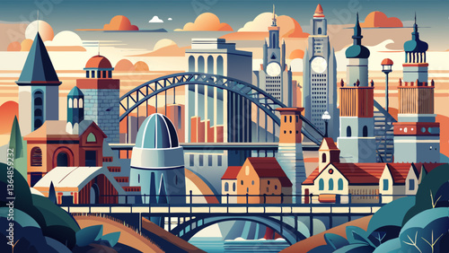 A Symphony of Steel and Stone: A Modern Cityscape with a Bridge and Church AI Generated