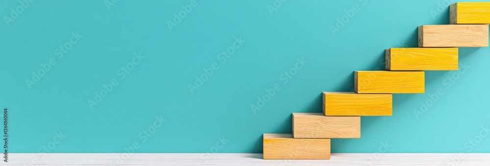 Fototapeta premium Wooden Blocks Form Upward Steps Against a Teal Background Representing Growth Concept and Achievement Ladder To Success