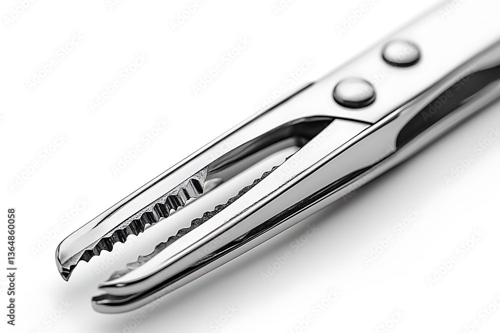 Closeup of shiny stainless steel pliers, modern tool with serrated jaws, precision hardware, industrial equipment Closeup of shiny stainless steel pliers, modern tool with serrated jaws, precision hardware, industrial equipment