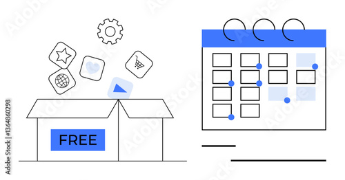 Open box labeled FREE with app icons floating out, next to a calendar with scheduled events. Ideal for technology, organization, productivity, planning, scheduling, business innovation. Flat simple