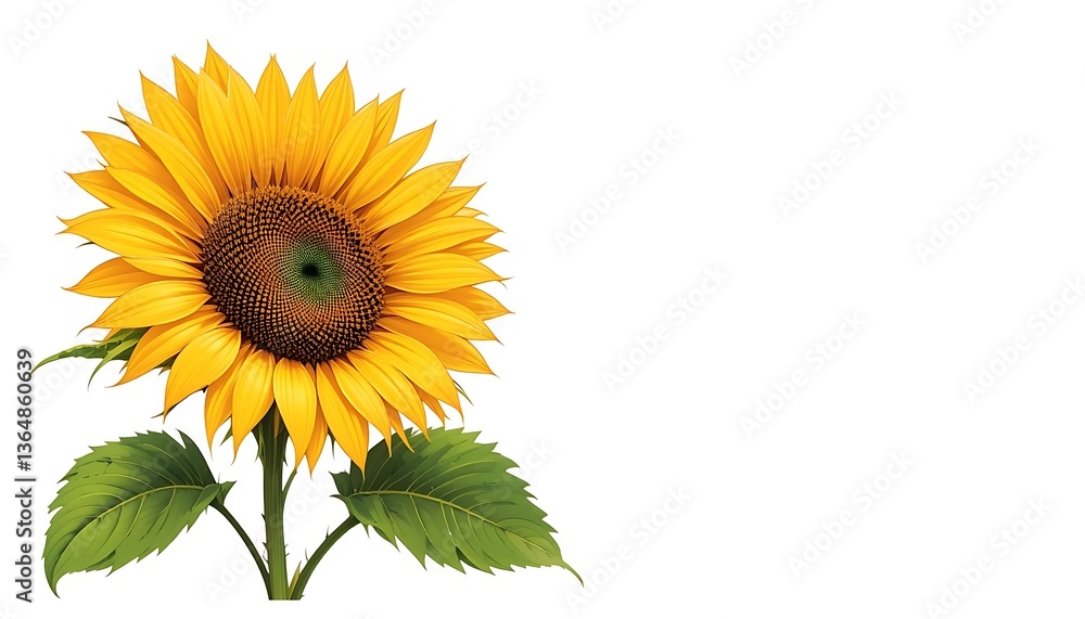 Fototapeta premium Isolated Sunflower with Yellow Petals and Green Leaves on White Background
