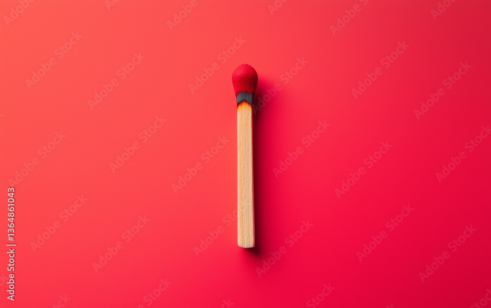Colorful matchstick standing vertically on a bright red surface during natural light conditions Colorful matchstick standing vertically on a bright red surface during natural light conditions
