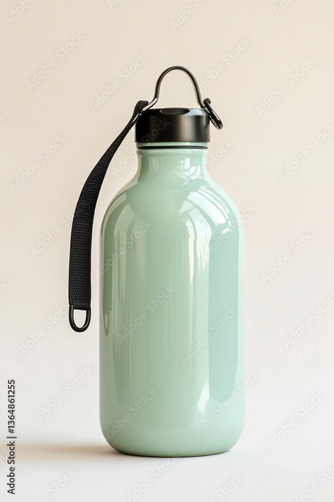 Reusable Water Bottle in Mint Green with Black Strap on White Reusable Water Bottle in Mint Green with Black Strap on White