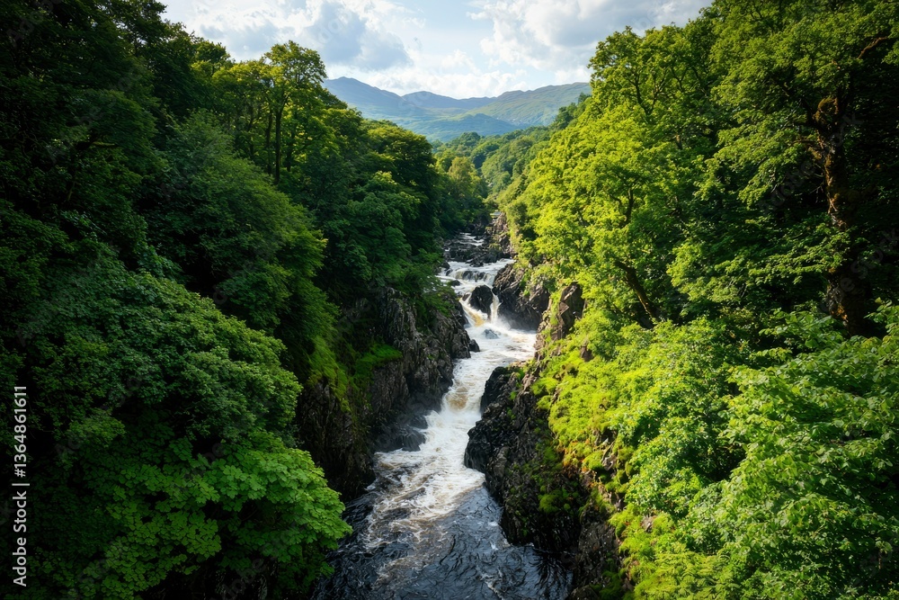 Cascading river flows amid lush greenery, framed by dense trees and distant mountains Cascading river flows amid lush greenery, framed by dense trees and distant mountains