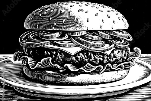 fresh tasty burger black and white outline