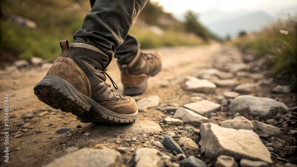 Close-up of hiker’s boots walking on a mountain trail. Represents travel, adventure, exploration and World Tourism Day inspiration. Close-up of hiker’s boots walking on a mountain trail. Represents travel, adventure, exploration and World Tourism Day inspiration.
