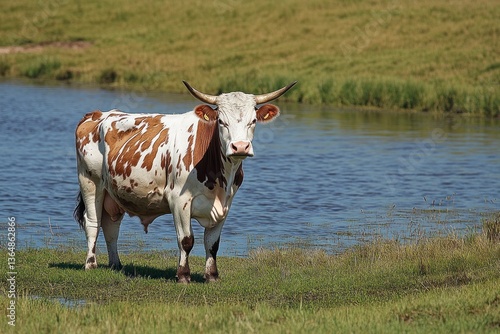 Spotted Cow Standing Near Water on Green Pasture Land