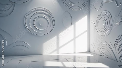 Modern White Interior Space with Circular Wall Patterns and Natural Light