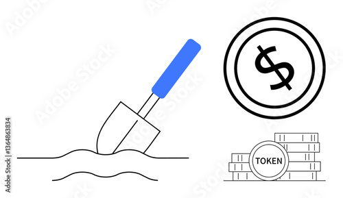 Shovel in soil, dollar coin, and token stacks symbolizing mining, cryptocurrency, financial growth, earning. Ideal for investment, cryptocurrency, finance mining business innovation savings