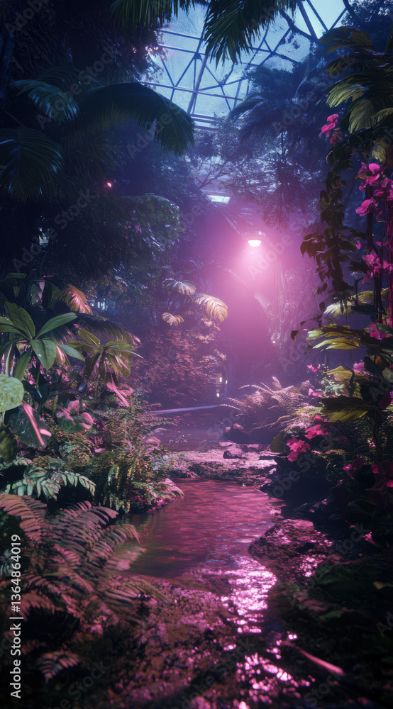 Obraz premium Cyberpunk Rainforest Stream with Pink Lighting Background