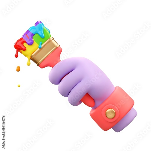 3D render of a cartoon hand gripping a colorful paintbrush dripping with rainbow paint