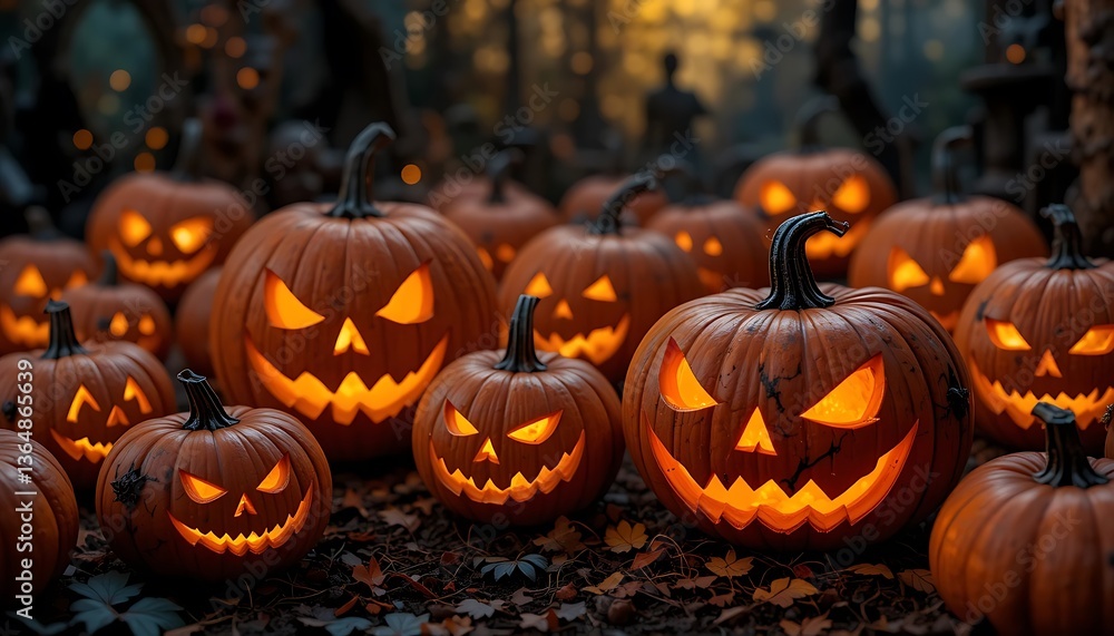 Glowing Carved Pumpkins Displayed on the Ground in a Forest Setting Glowing Carved Pumpkins Displayed on the Ground in a Forest Setting