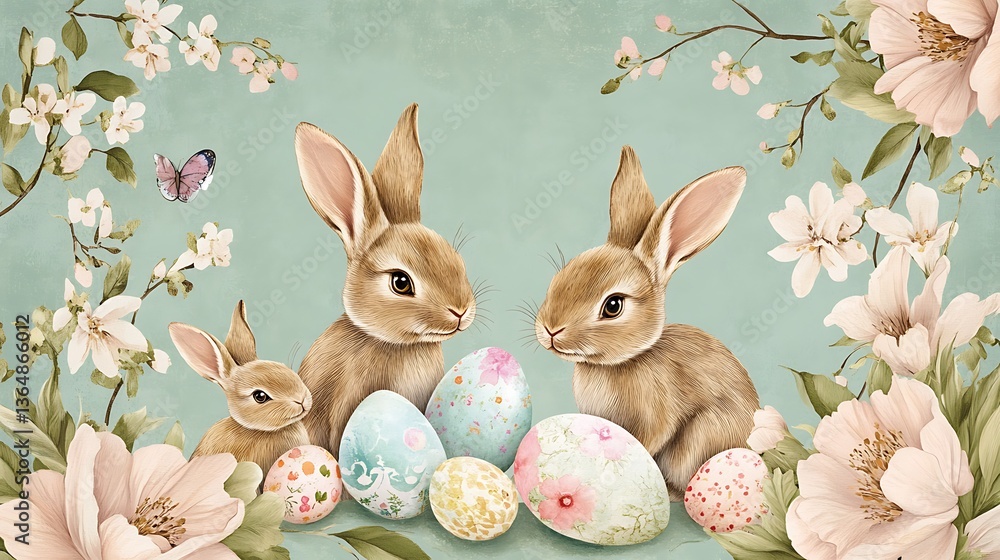 Fototapeta premium Easter bunnies with eggs, and spring flowers. (43)