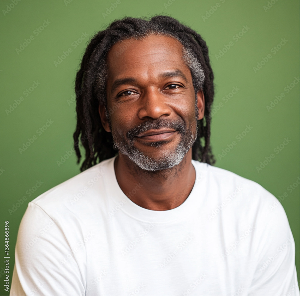 Obraz premium The man is an adult dark-skinned African man with very black skin and long hair, about 50 years old, on a green background, wearing a white T-shirt