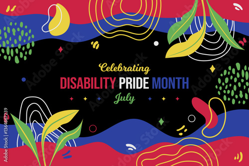 Celebrating Disability Pride Month Boho Background. July Awareness Abstract Texture poster. Horizontal banner vector illustration. Website header, social media post, greeting card graphic resource	