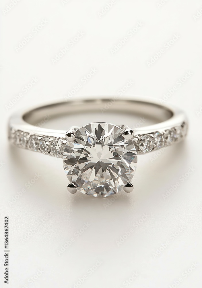 Elegant Diamond Engagement Ring Close-up with White Gold Band Detailing Elegant Diamond Engagement Ring Close-up with White Gold Band Detailing