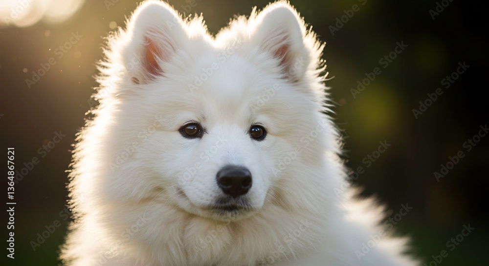 Fluffy white dog basking in warm golden light playful portrait. AI Generated Fluffy white dog basking in warm golden light playful portrait. AI Generated